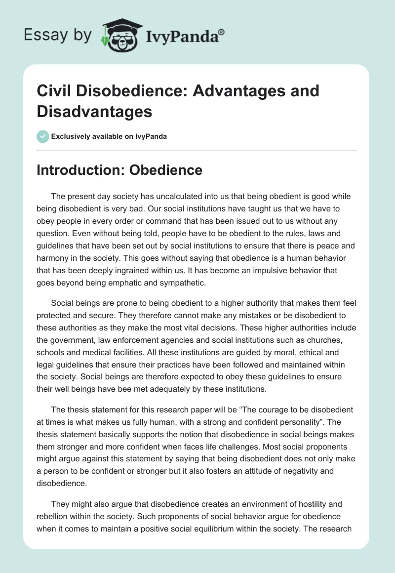 Civil Disobedience: Advantages and Disadvantages. Page 1