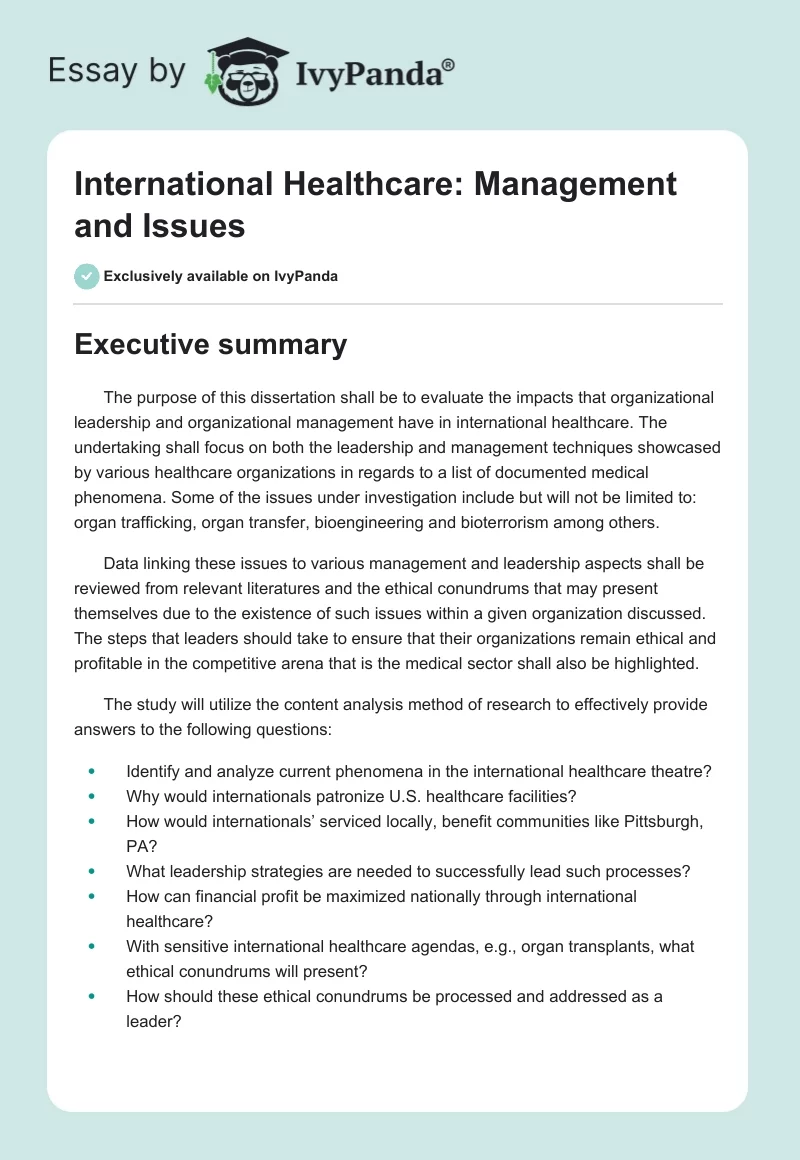 International Healthcare: Management and Issues. Page 1