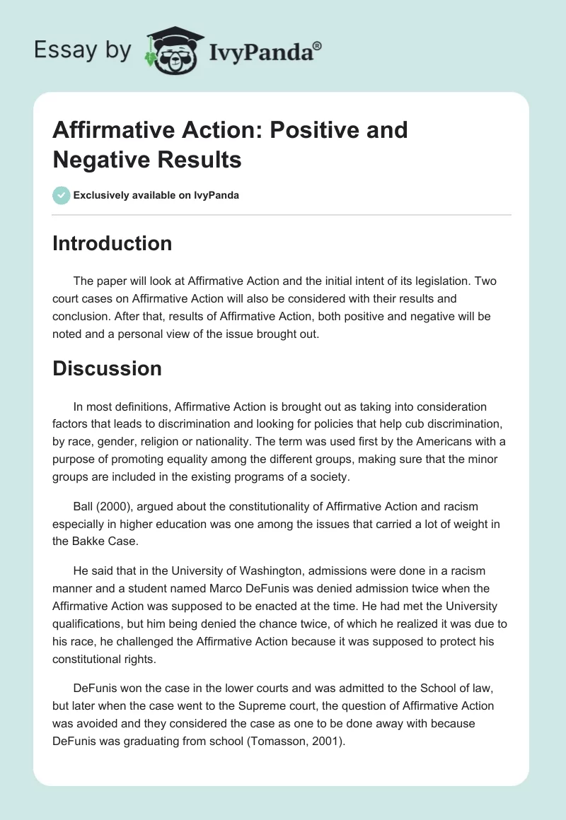 Affirmative Action: Positive and Negative Results. Page 1