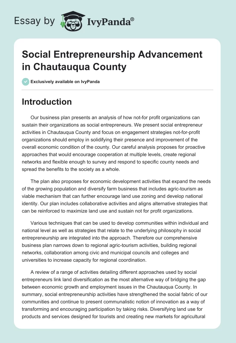 Social Entrepreneurship Advancement in Chautauqua County. Page 1