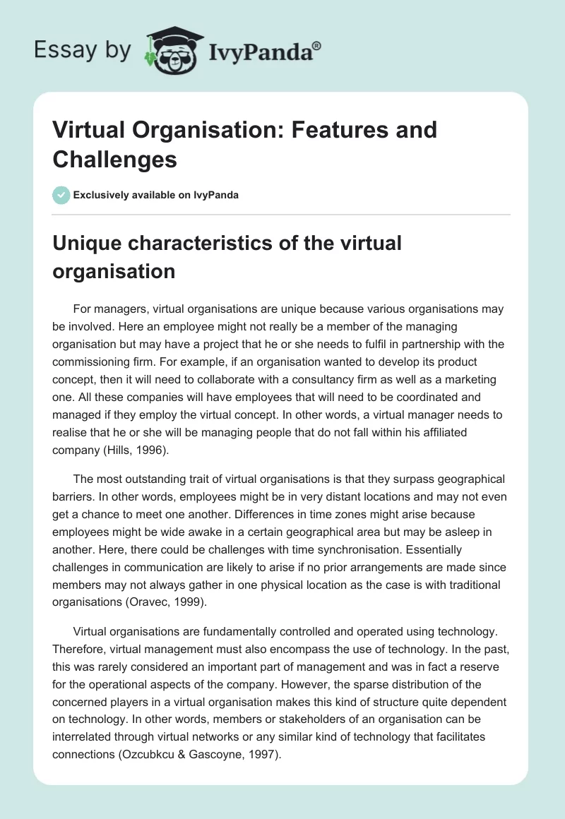 Virtual Organisation: Features and Challenges. Page 1
