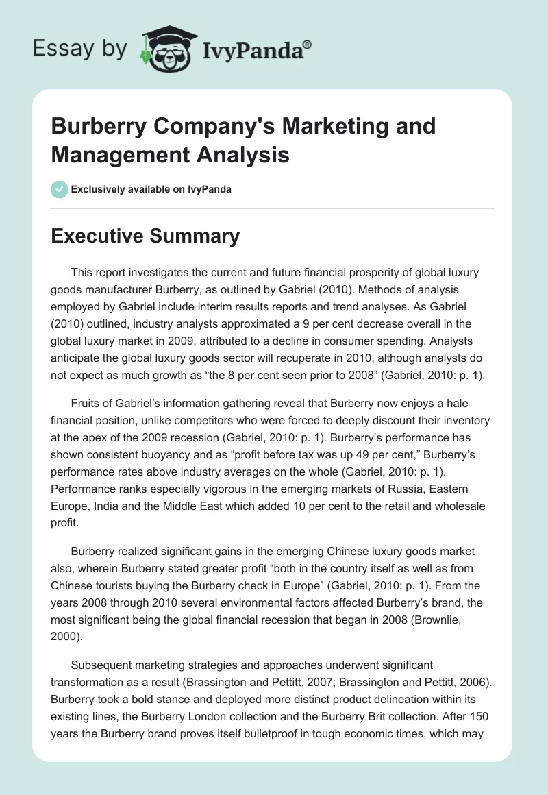 Burberry Company's Marketing and Management Analysis. Page 1