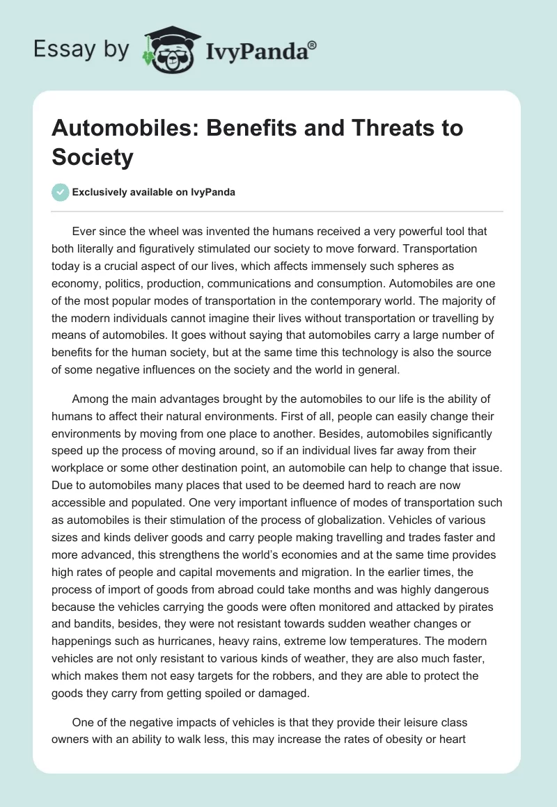 Automobiles: Benefits and Threats to Society. Page 1