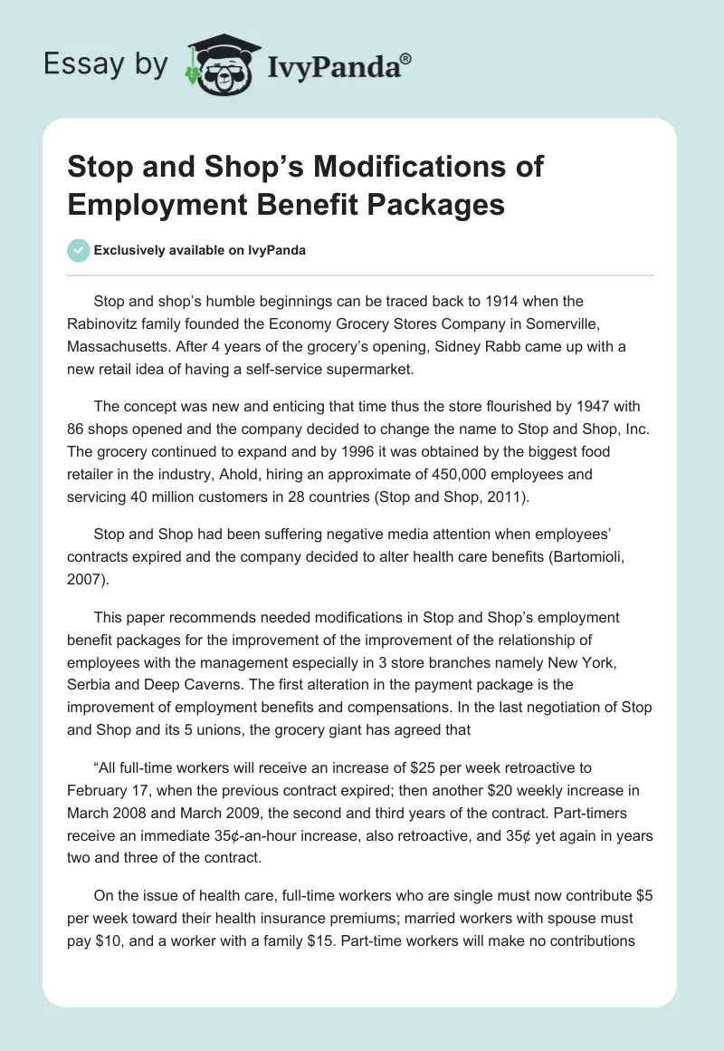 Stop and Shop’s Modifications of Employment Benefit Packages. Page 1