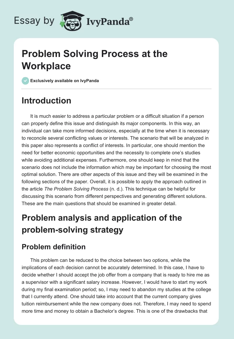 Problem Solving Process at the Workplace. Page 1