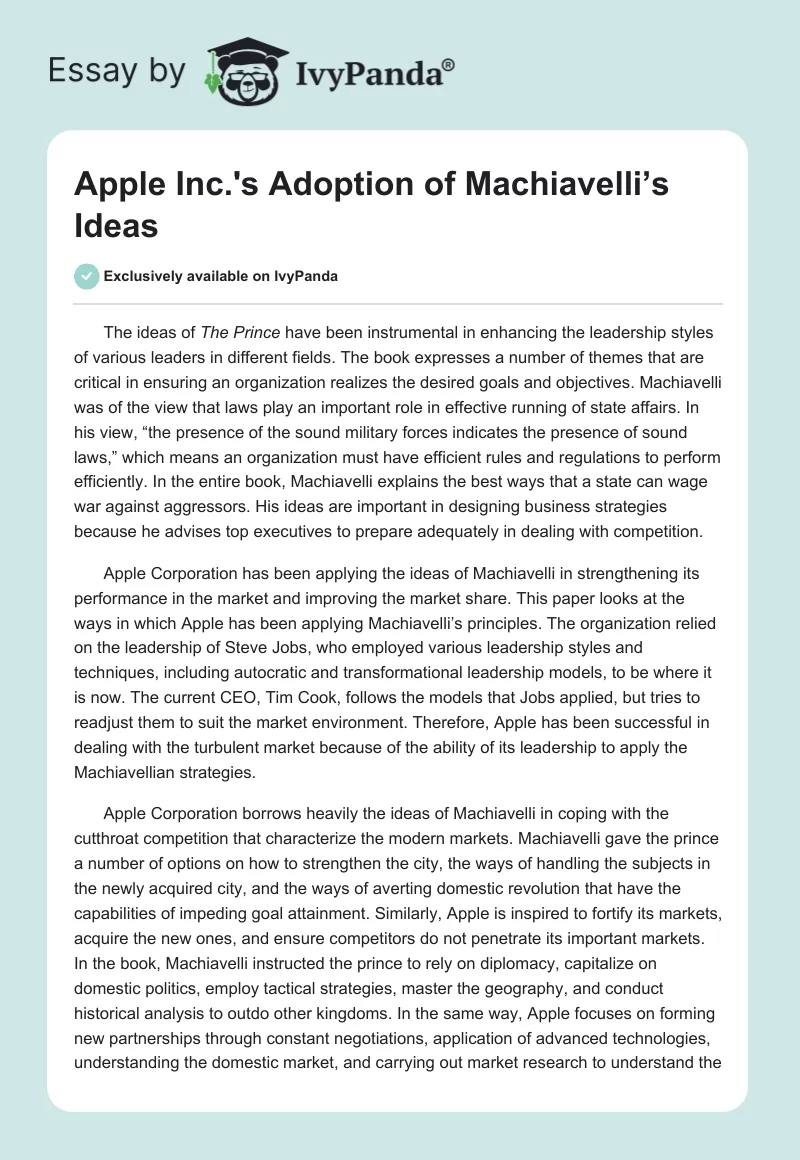 Apple Inc.'s Adoption of Machiavelli’s Ideas. Page 1