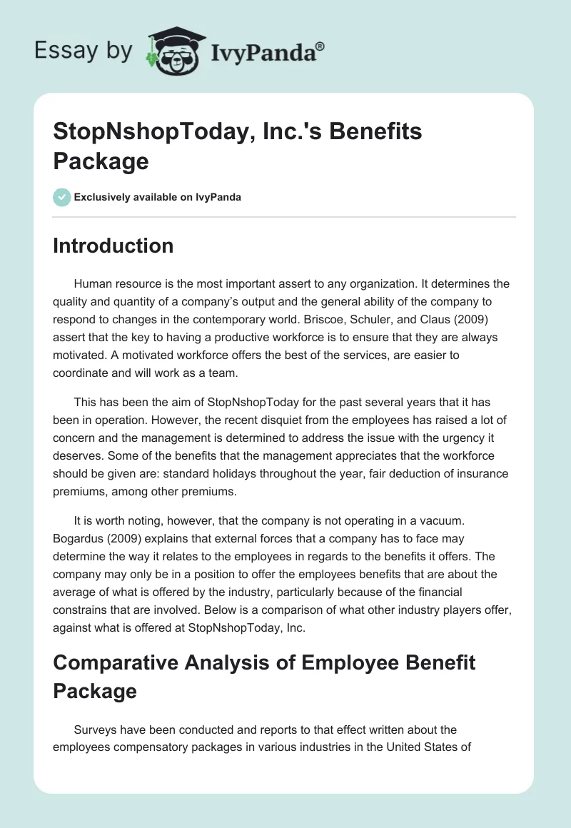 StopNshopToday, Inc.'s Benefits Package. Page 1