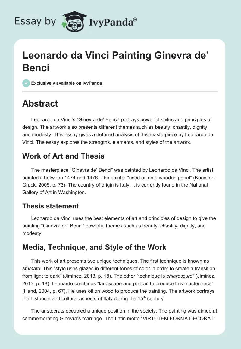 Leonardo da Vinci Painting "Ginevra de’ Benci". Page 1