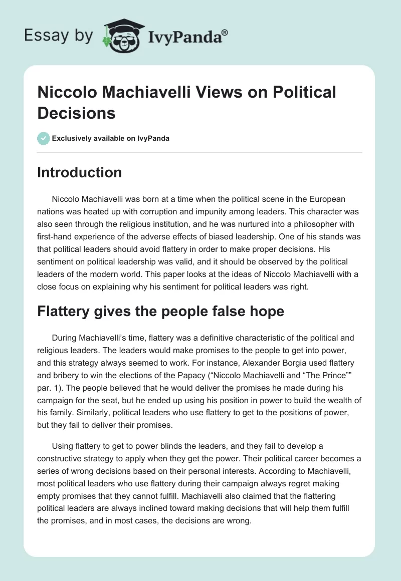 Niccolo Machiavelli Views on Political Decisions. Page 1
