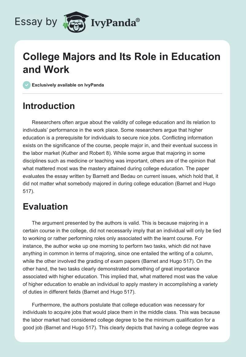 College Majors and Its Role in Education and Work. Page 1