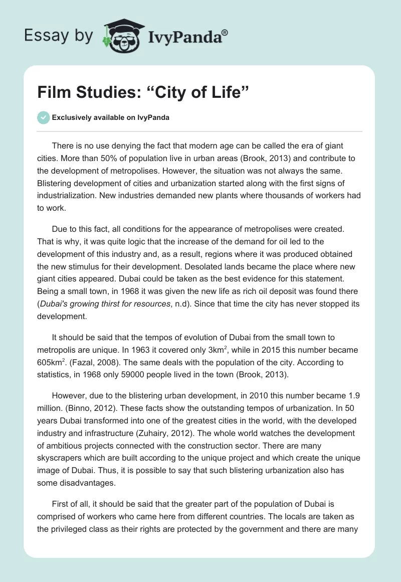 Film Studies: “City of Life”. Page 1