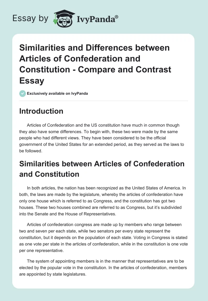 Similarities and Differences between Articles of Confederation and Constitution - Compare and Contrast Essay. Page 1