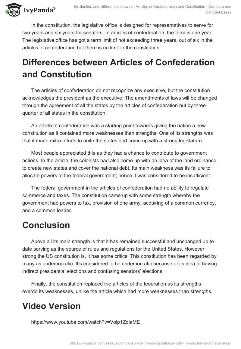 Similarities and Differences between Articles of Confederation and Constitution - Compare and Contrast Essay. Page 2
