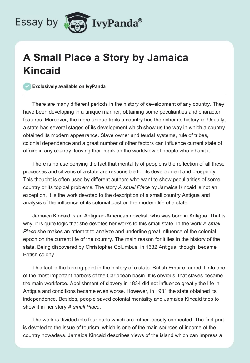 "A Small Place" a Story by Jamaica Kincaid. Page 1