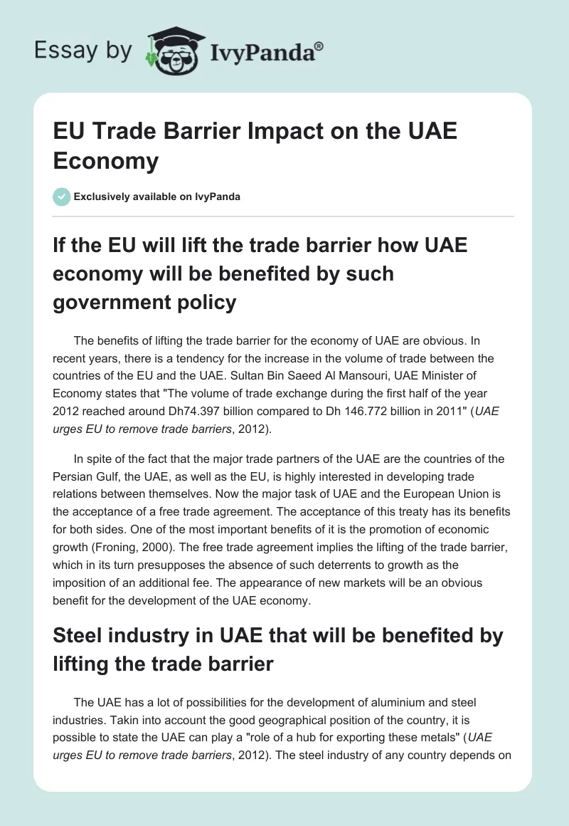 EU Trade Barrier Impact on the UAE Economy. Page 1