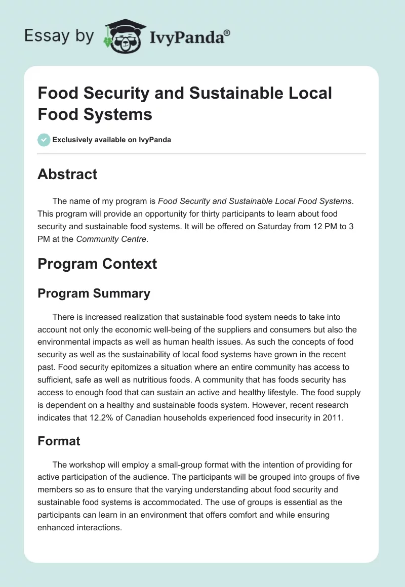 Food Security and Sustainable Local Food Systems. Page 1