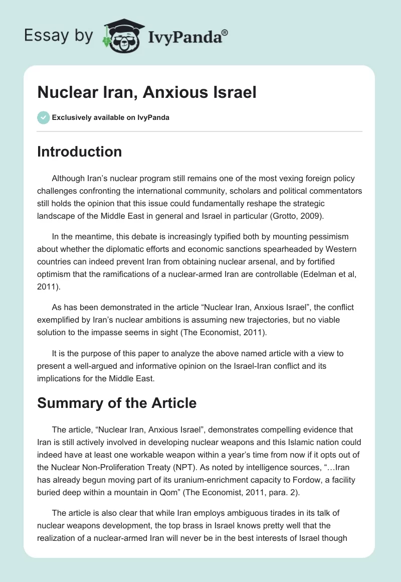 Nuclear Iran, Anxious Israel. Page 1