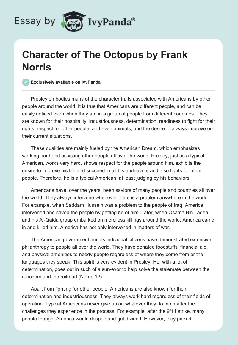 Character of "The Octopus" by Frank Norris. Page 1