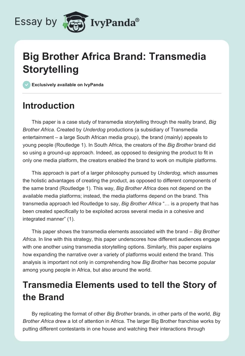 Big Brother Africa Brand: Transmedia Storytelling. Page 1