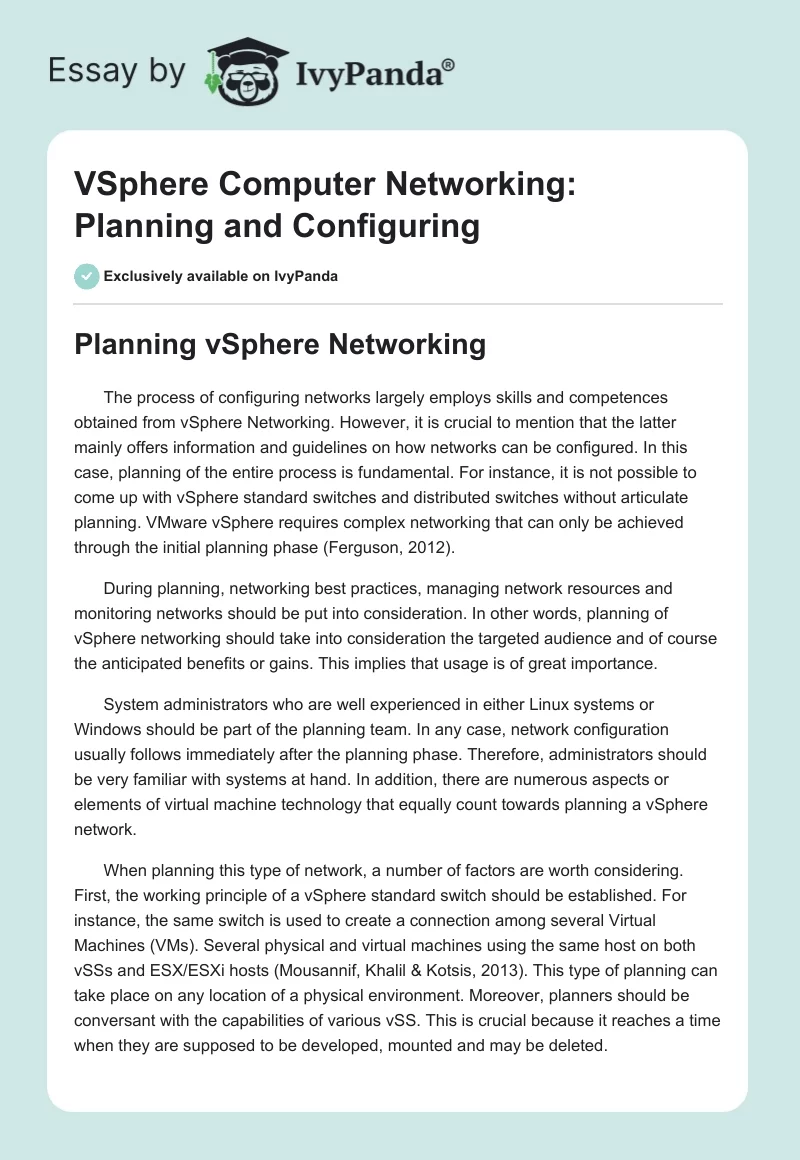 VSphere Computer Networking: Planning and Configuring. Page 1
