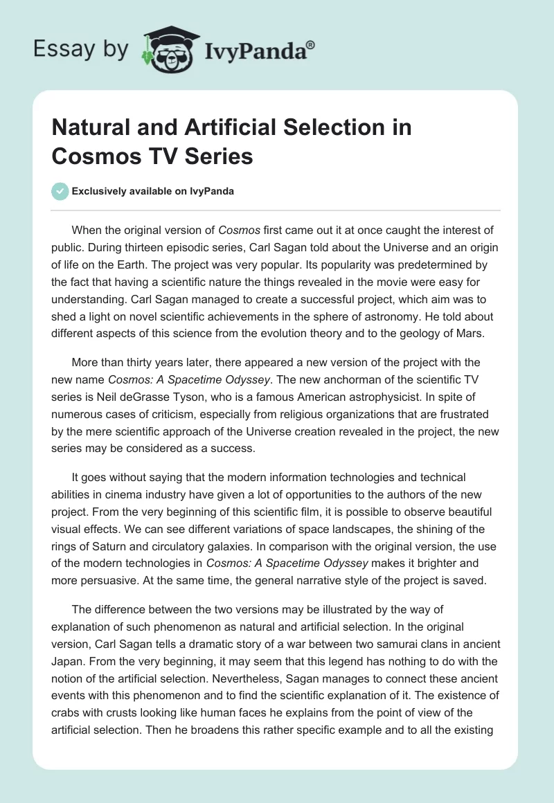 Natural and Artificial Selection in Cosmos TV Series. Page 1