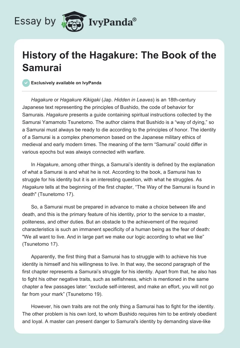 History of the Hagakure: The Book of the Samurai. Page 1