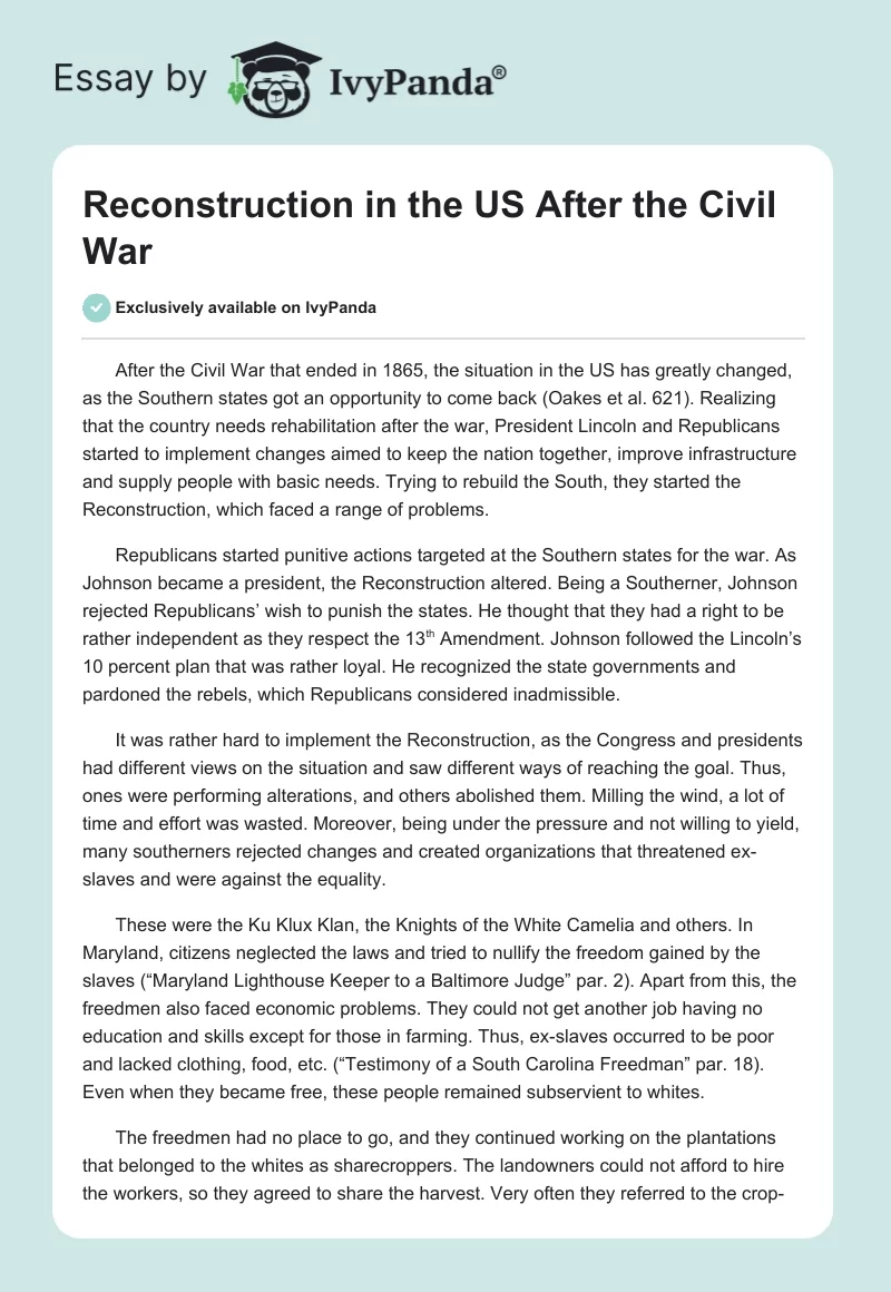 Reconstruction in the US After the Civil War. Page 1