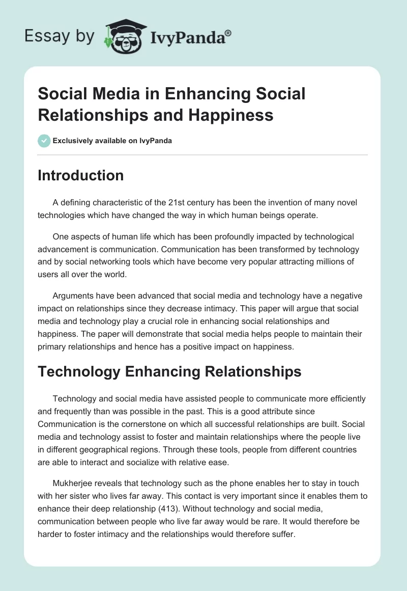 Social Media in Enhancing Social Relationships and Happiness. Page 1