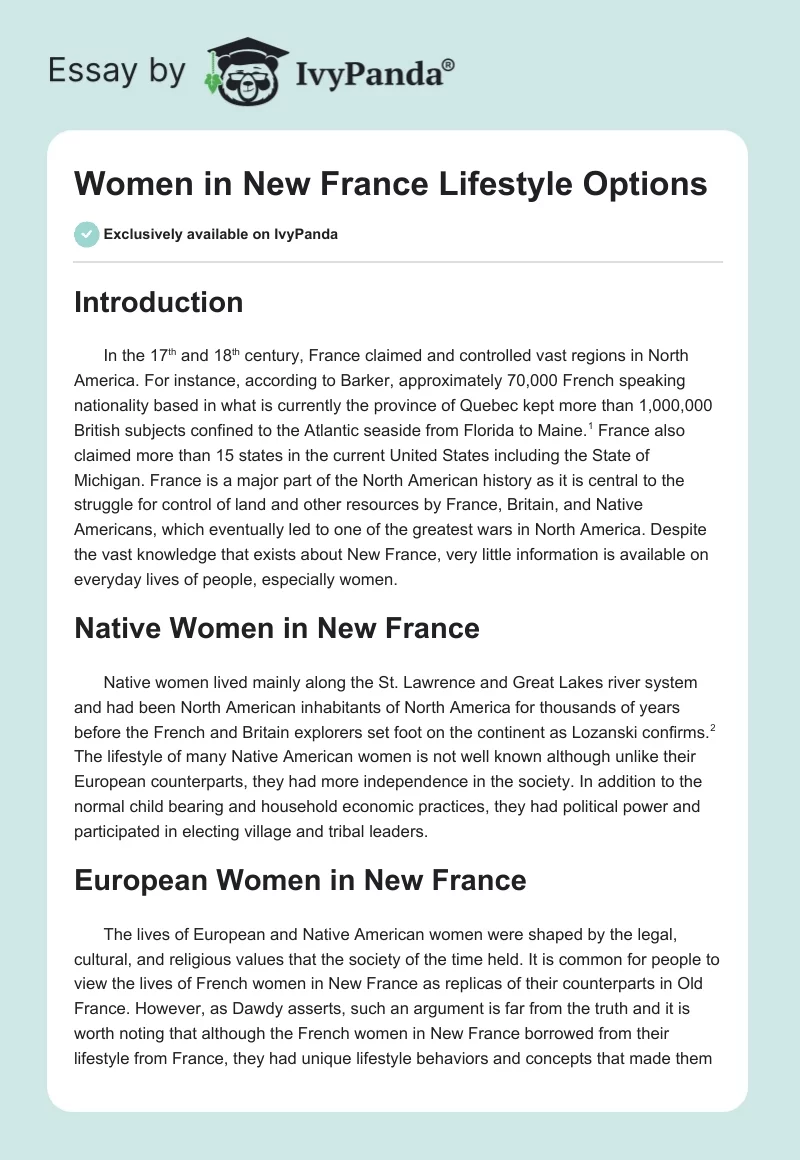 Women in New France Lifestyle Options. Page 1