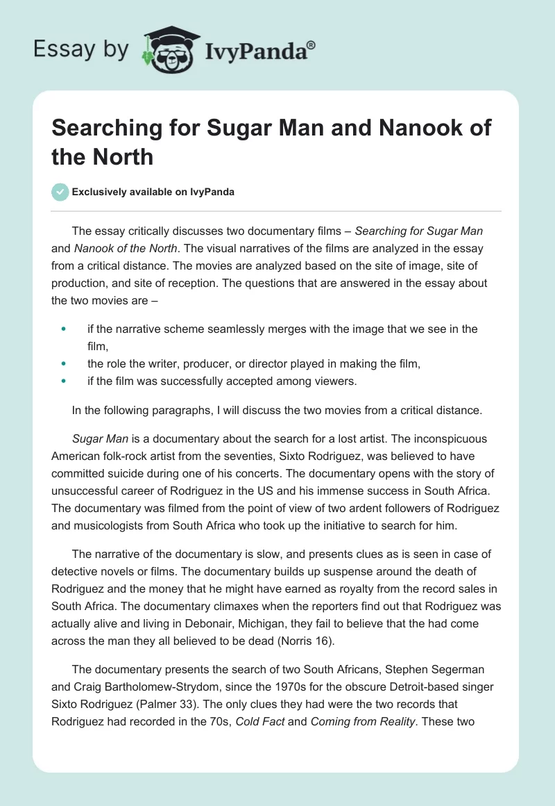 "Searching for Sugar Man" and "Nanook of the North". Page 1