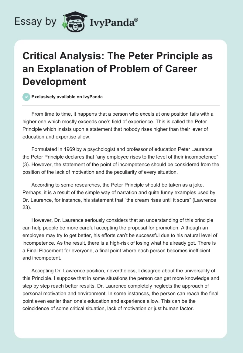 Critical Analysis: The Peter Principle as an Explanation of Problem of Career Development. Page 1