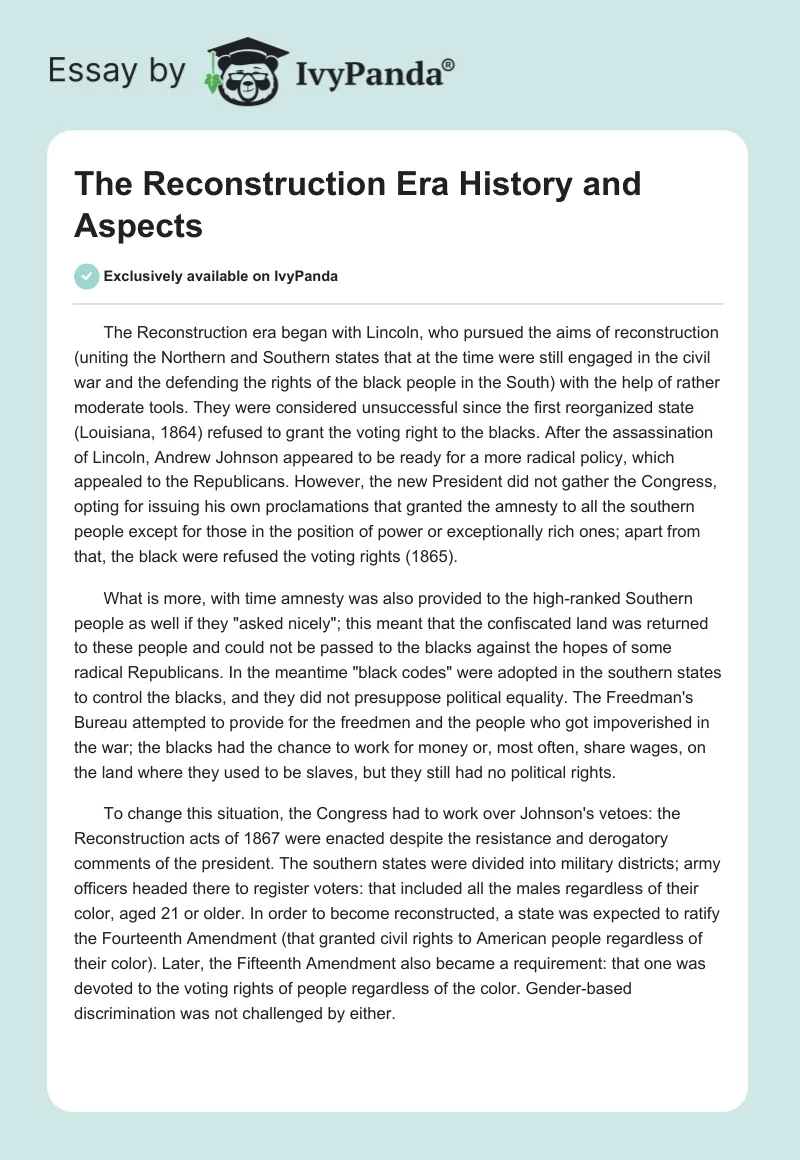 The Reconstruction Era History and Aspects. Page 1