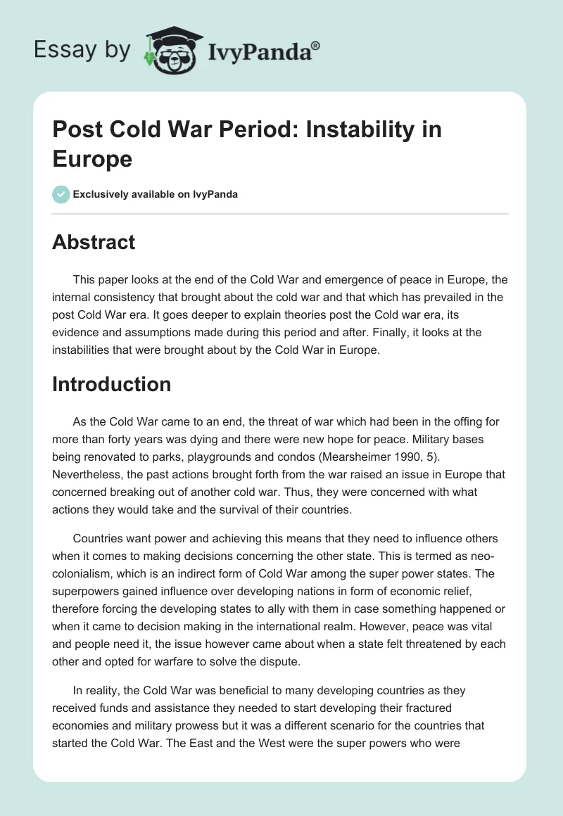 Post Cold War Period: Instability in Europe. Page 1