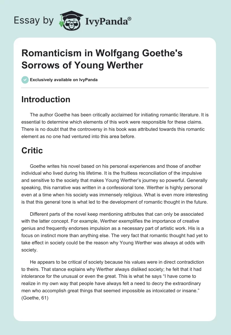 Romanticism in Wolfgang Goethe's Sorrows of Young Werther. Page 1