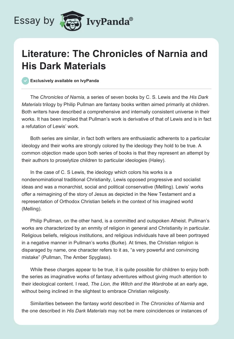 Literature: "The Chronicles of Narnia" and "His Dark Materials". Page 1