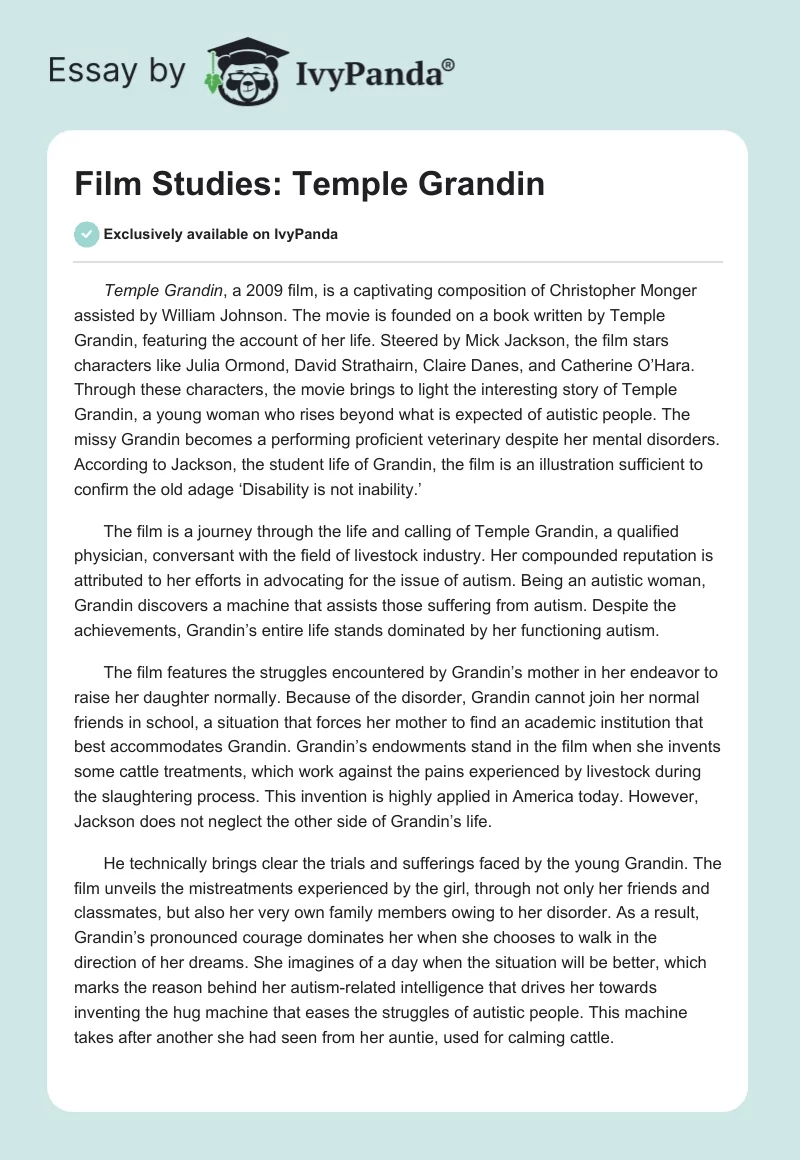 Film Studies: "Temple Grandin". Page 1