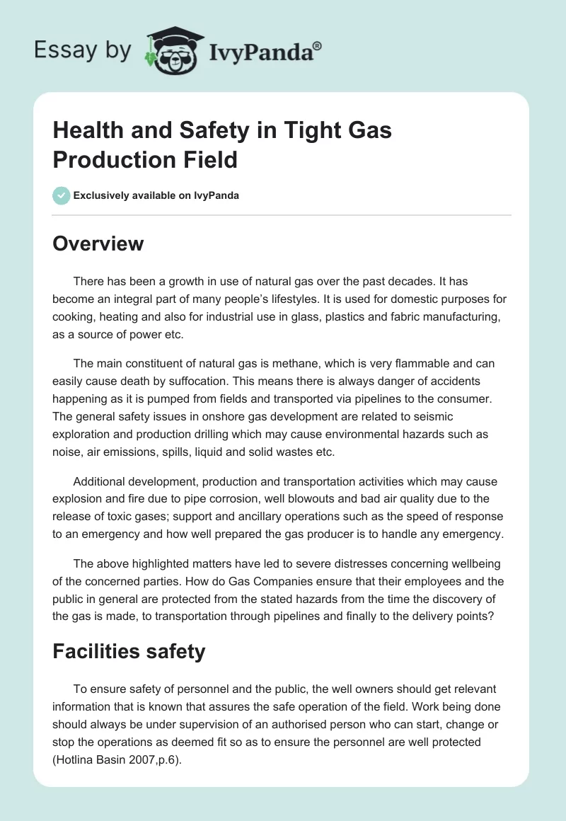 Health and Safety in Tight Gas Production Field. Page 1