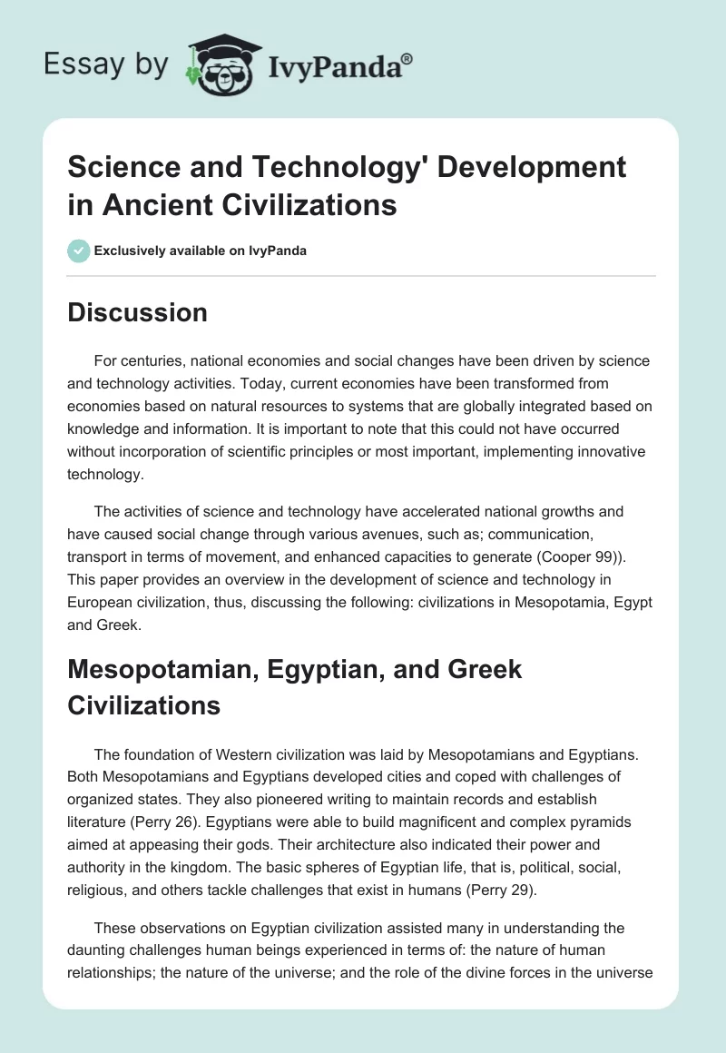 Science and Technology' Development in Ancient Civilizations. Page 1
