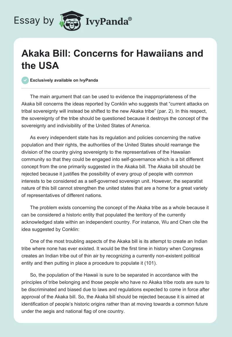 Akaka Bill: Concerns for Hawaiians and the USA. Page 1
