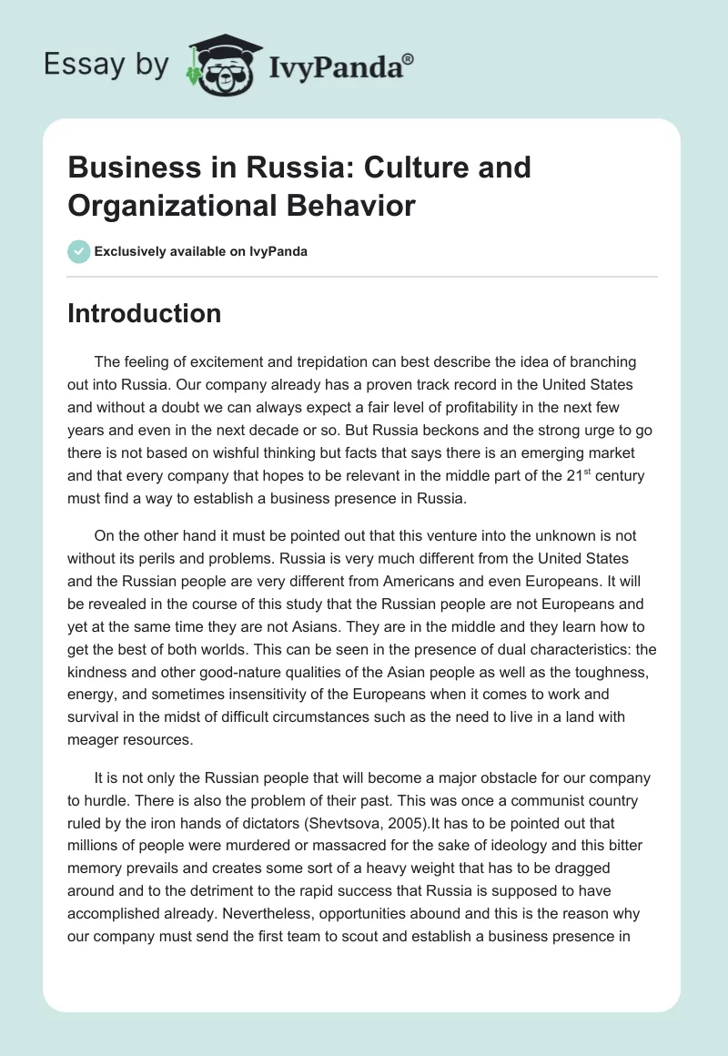 Business in Russia: Culture and Organizational Behavior. Page 1