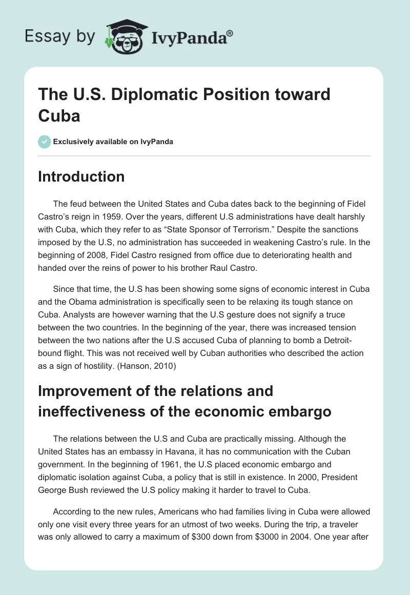 The U.S. Diplomatic Position toward Cuba. Page 1