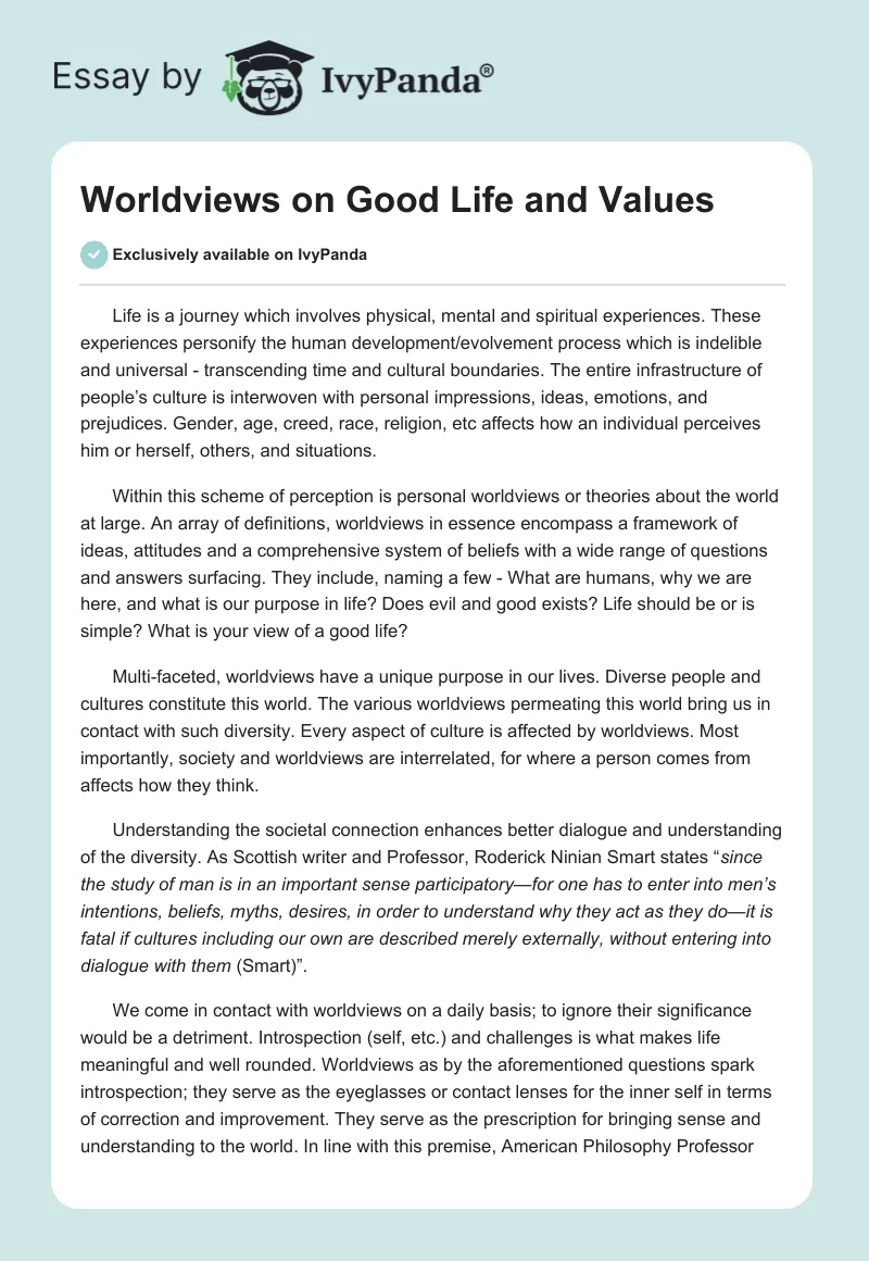 Worldviews on Good Life and Values. Page 1