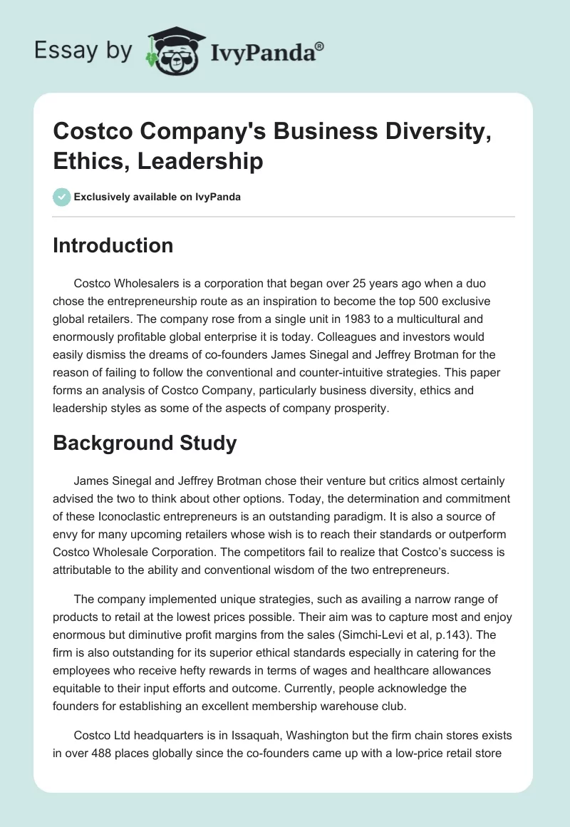Costco Company's Business Diversity, Ethics, Leadership. Page 1