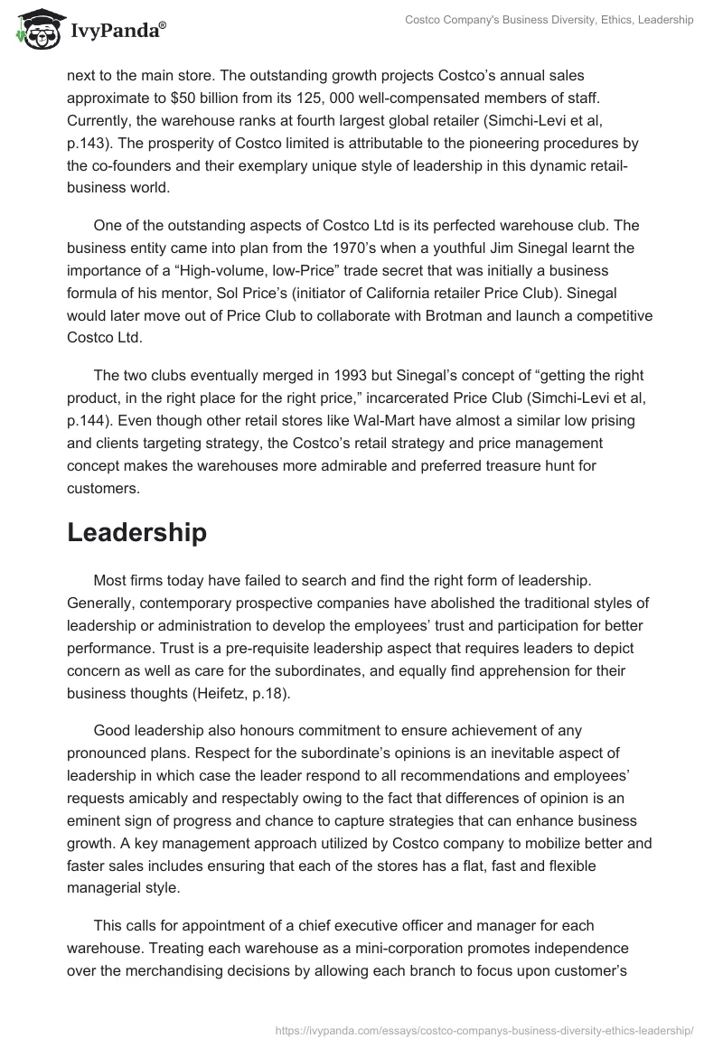 Costco Company's Business Diversity, Ethics, Leadership. Page 2