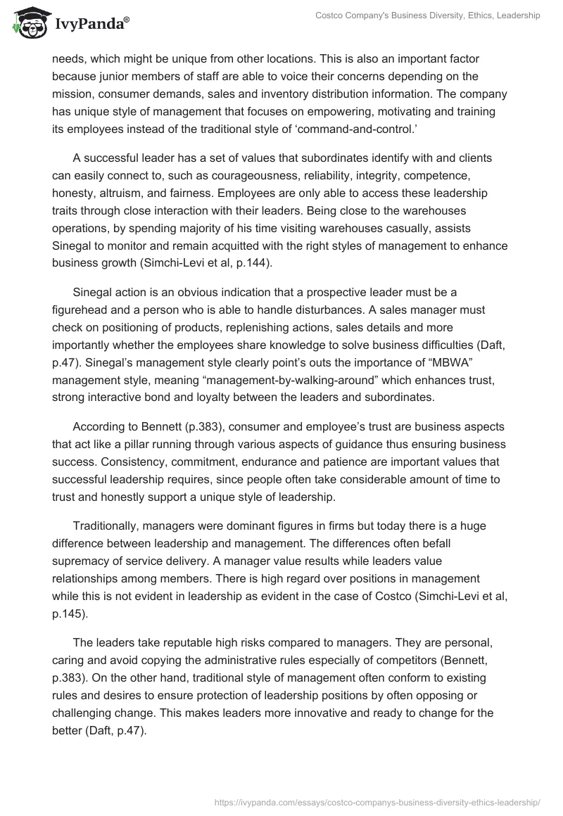 Costco Company's Business Diversity, Ethics, Leadership. Page 3