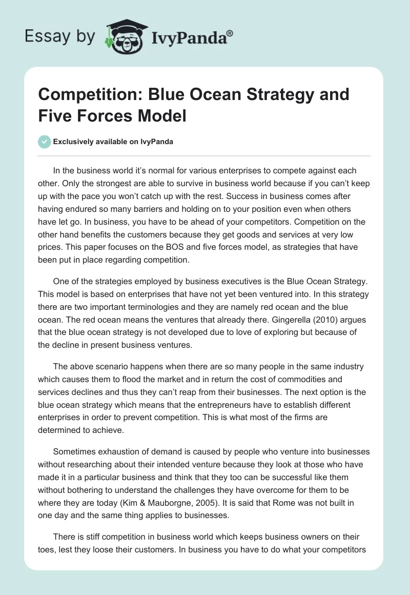 Competition: Blue Ocean Strategy and Five Forces Model. Page 1