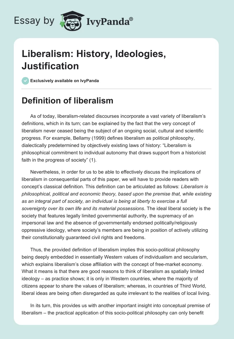 Liberalism: History, Ideologies, Justification. Page 1