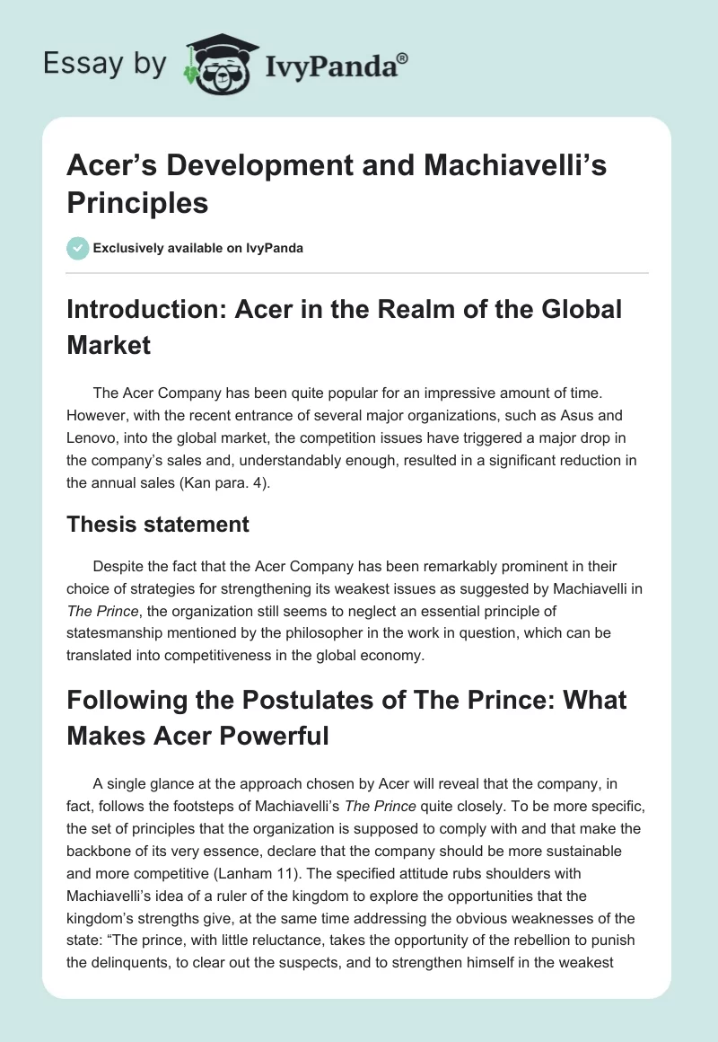 Acer’s Development and Machiavelli’s Principles. Page 1