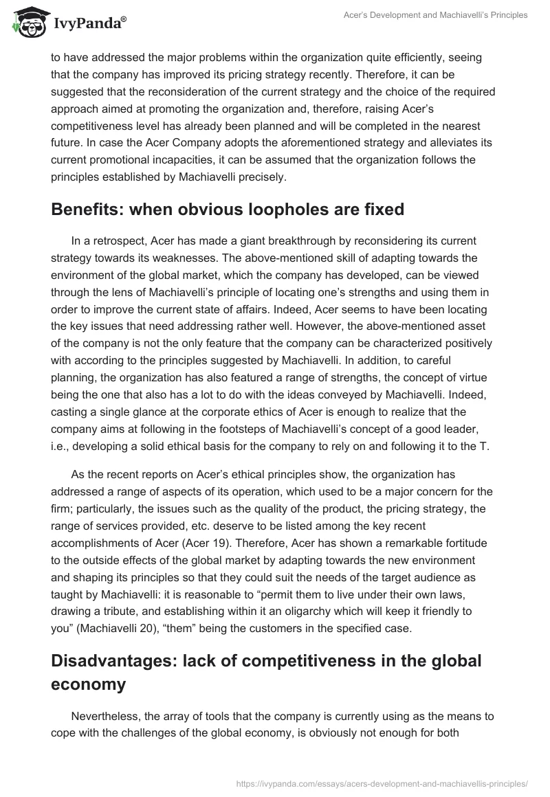 Acer’s Development and Machiavelli’s Principles. Page 3