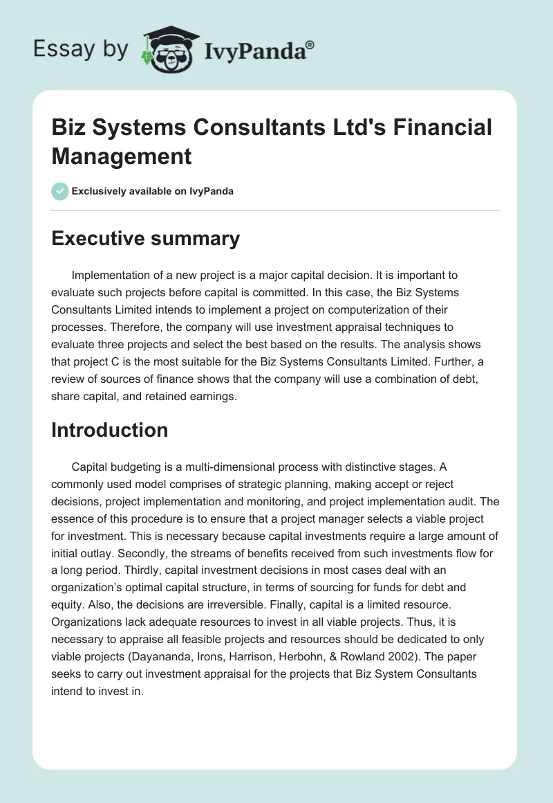 Biz Systems Consultants Ltd's Financial Management. Page 1